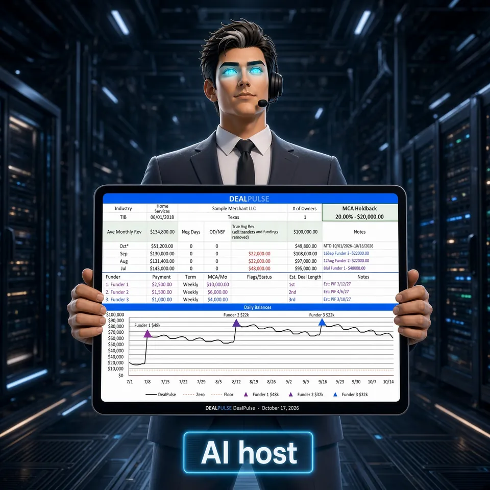 The ISO Hub AI host, an AI character labeled AI host, holds up a tablet showing a DealPulse sample report for a made-up business.